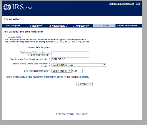 Screen confirming business name - IRS website screen capture
