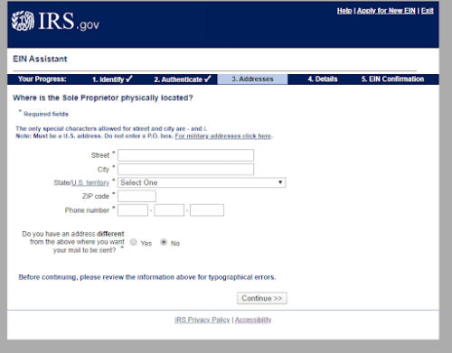 Screenshot of IRS EIN Application with address form