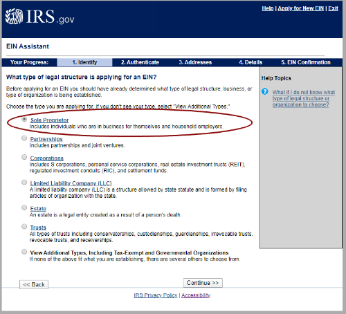Screen shot of IRS website asking about legal business structure, sole proprietor is circled